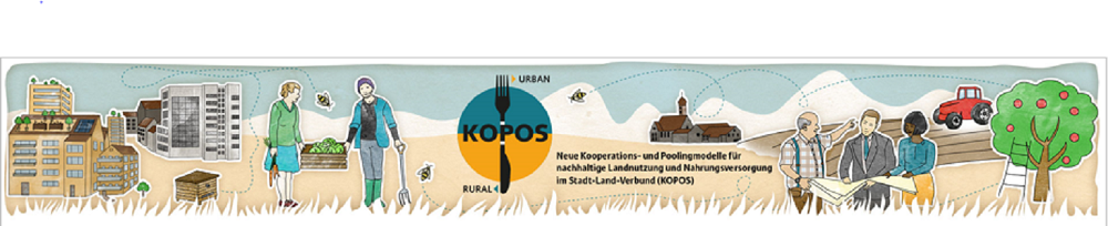 Das Kopos-Logo in Organge und Petrol in der Mitte, links eine gezeichnete Stadt, daneben Menschen, rechts ist ein Dorf, Bäume und Felde dargestellt.