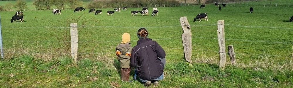 Eine Kuhweide im Hintergrund, am Zaun davor sind ein kleines Kind und eine erwachsene Person von hinten zu sehen, die auf die weide schauen.
