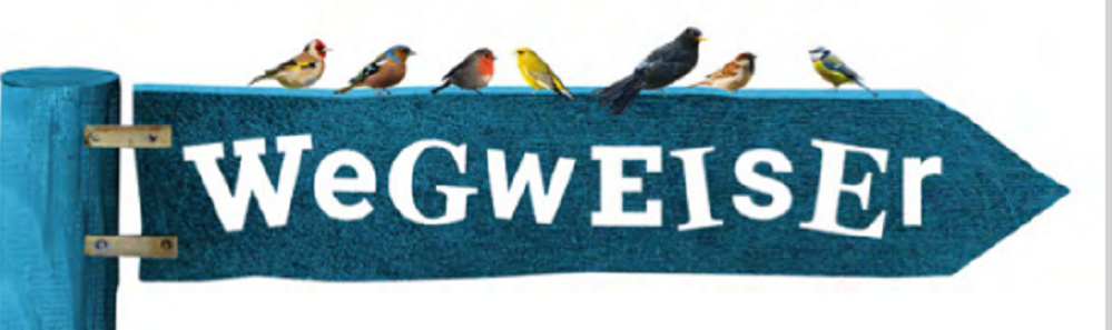 Ein Wegweiser, der nach rechts zeigt und auf dem bunte Vögel sitzen. In dem Wegweiser steht: "Wegweiser" geschrieben.