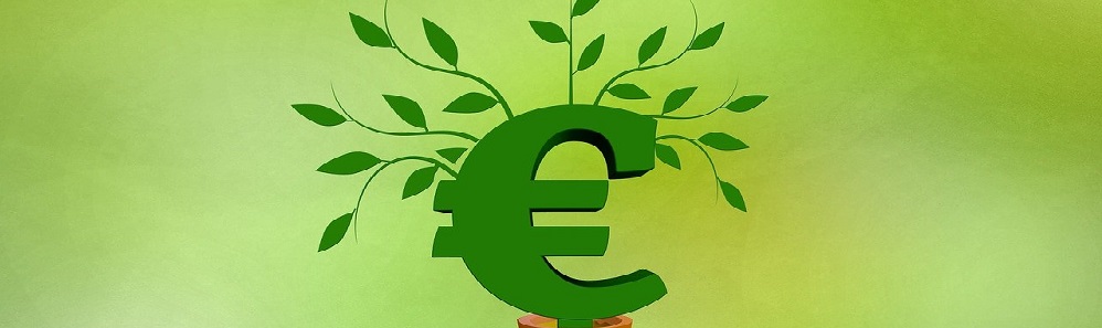 Ein grünes Eurozeichen in einem Blumentopf, auf einer ausgestreckten Hand. Aus dem grünen Eurozeichen wachsen Zwige mit Blättern.