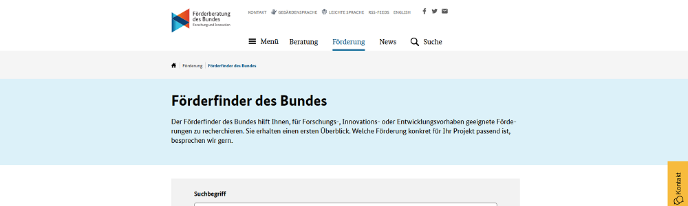 Screenshot einer Webpage der Föderberatung des Bundes. In der Mitte sind die Eingabefelder für die Schalgwortsuche einer Föderdatenbank, genannt "Föderfinder".